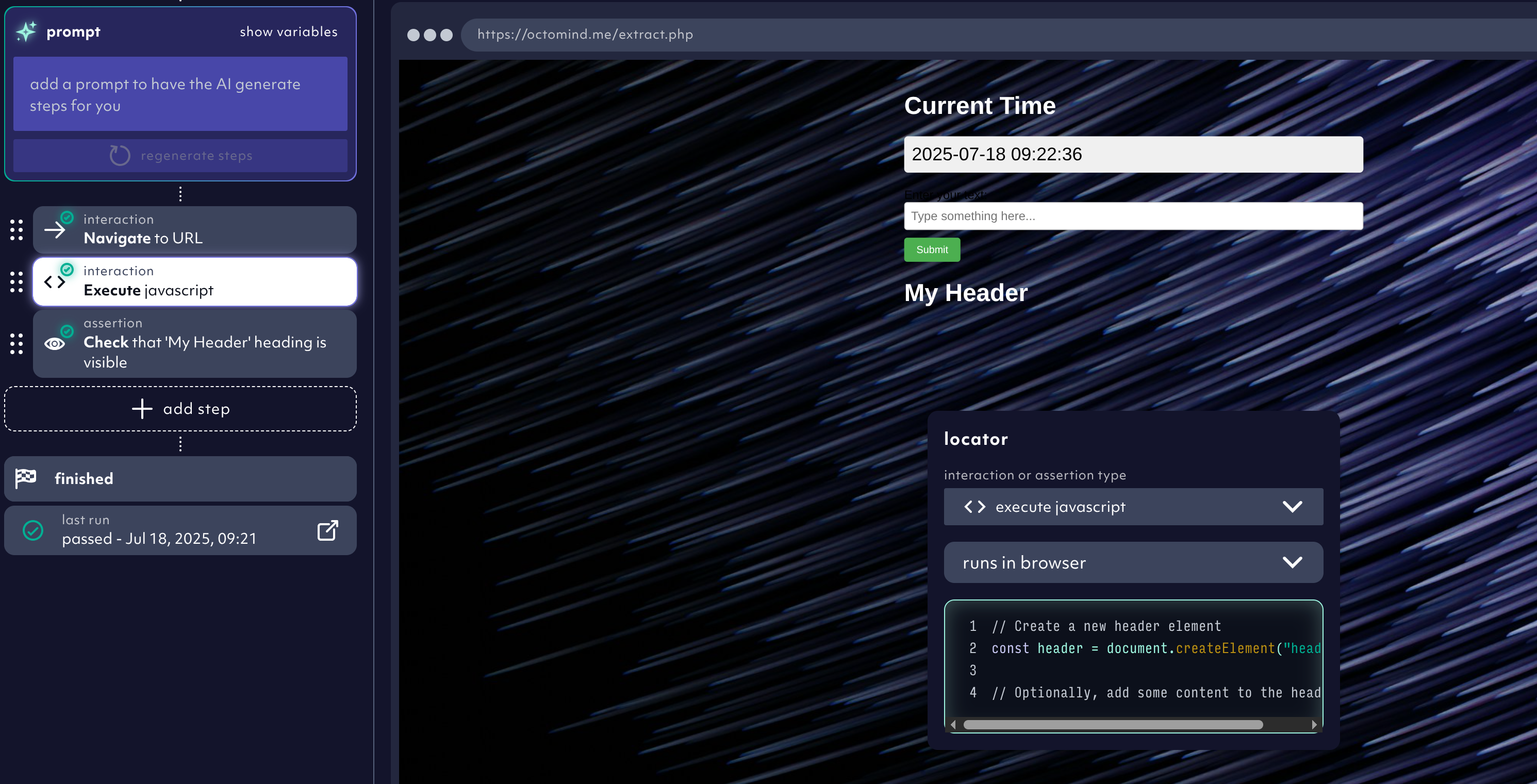 'execute javascript' interaction option executed in browser context
