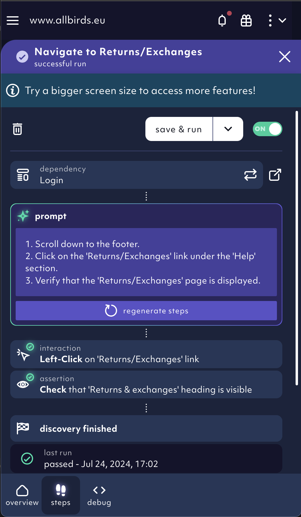 Navigate to returns test depends on login test