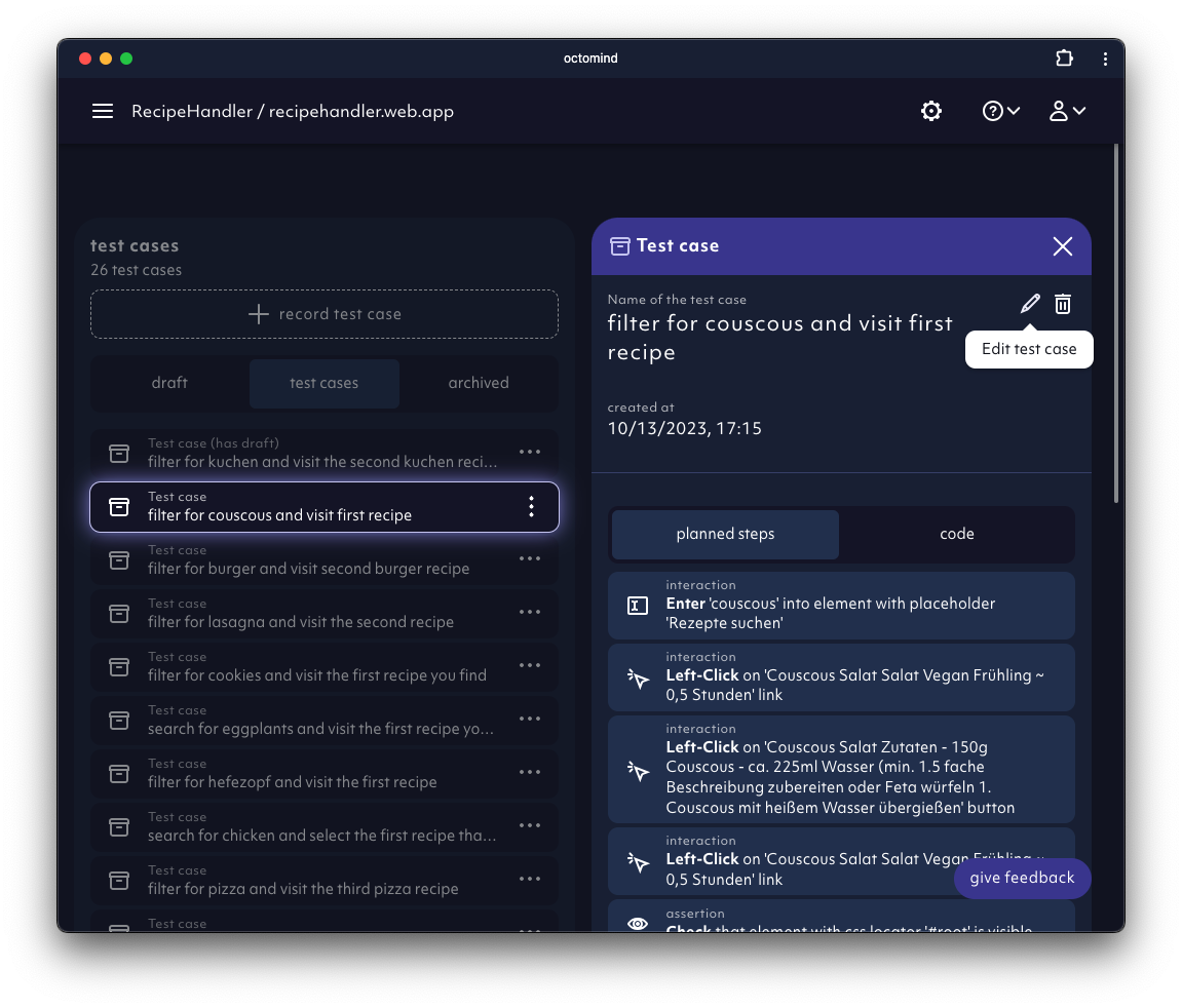 test cases can be created as drafts and edited