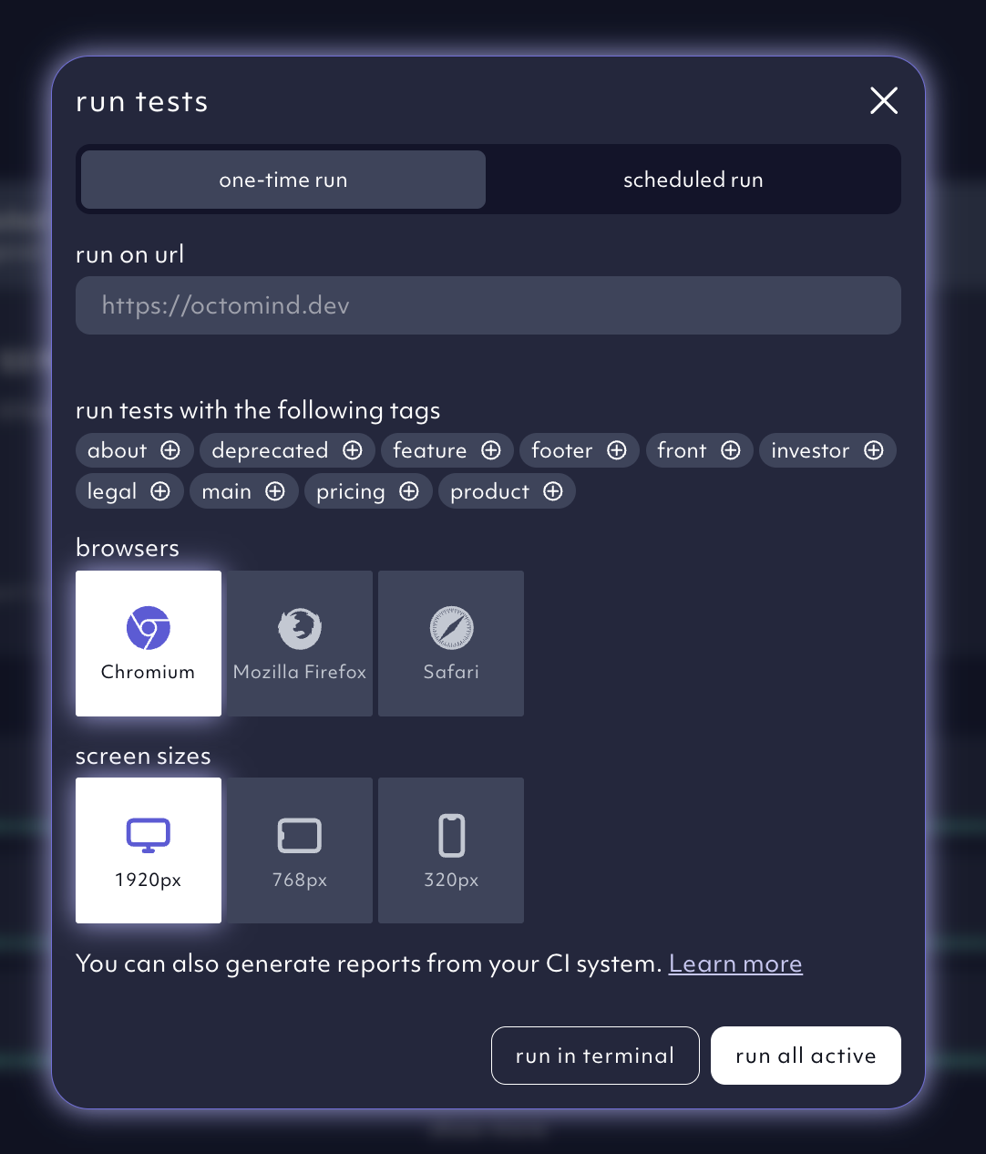 Run tests modal with browser, resolution and tag selection in the Octomind app