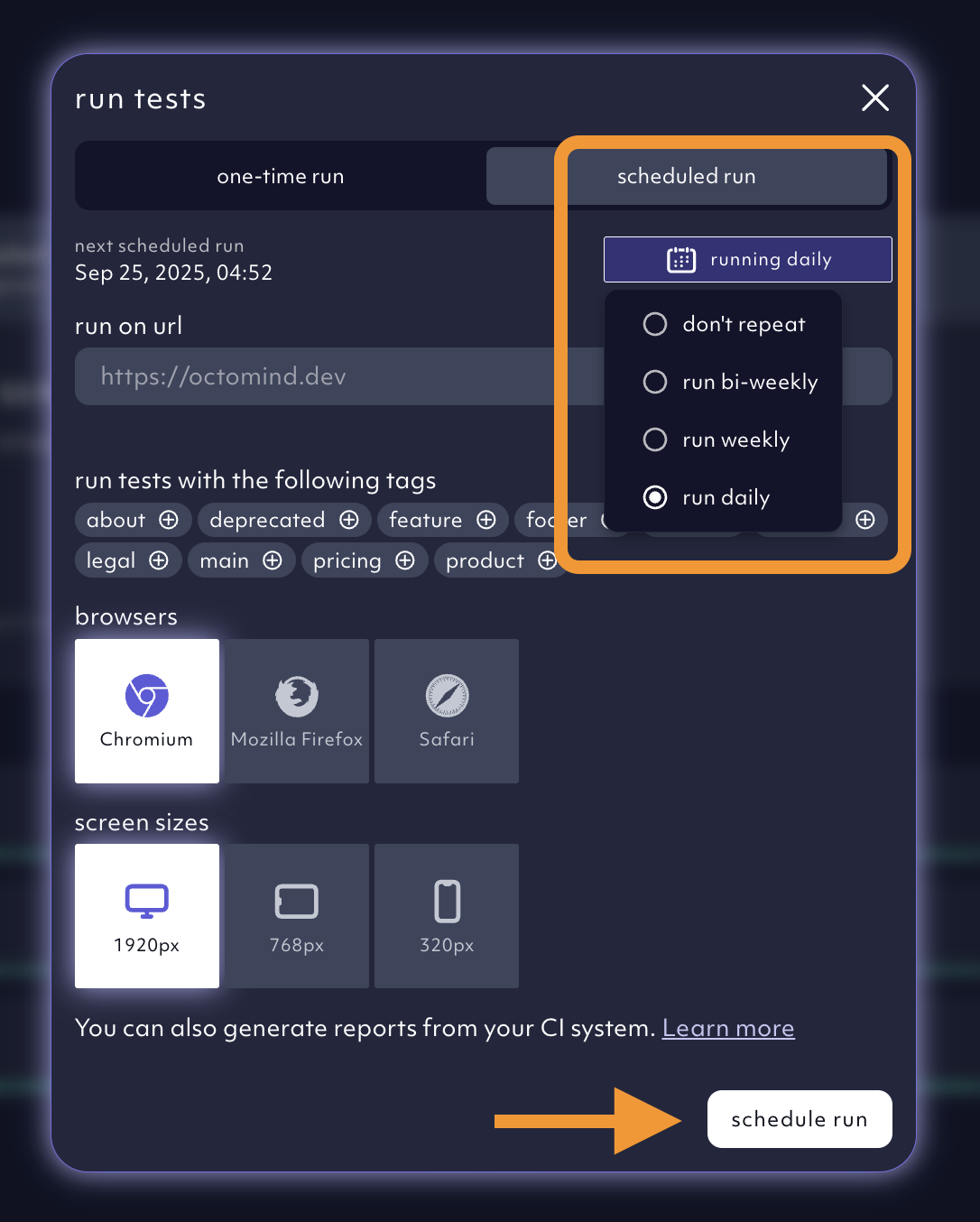 Scheduling a test run in the Octomind app