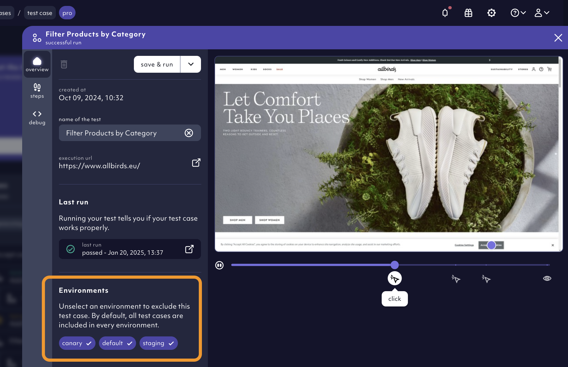 test case running in selected environments