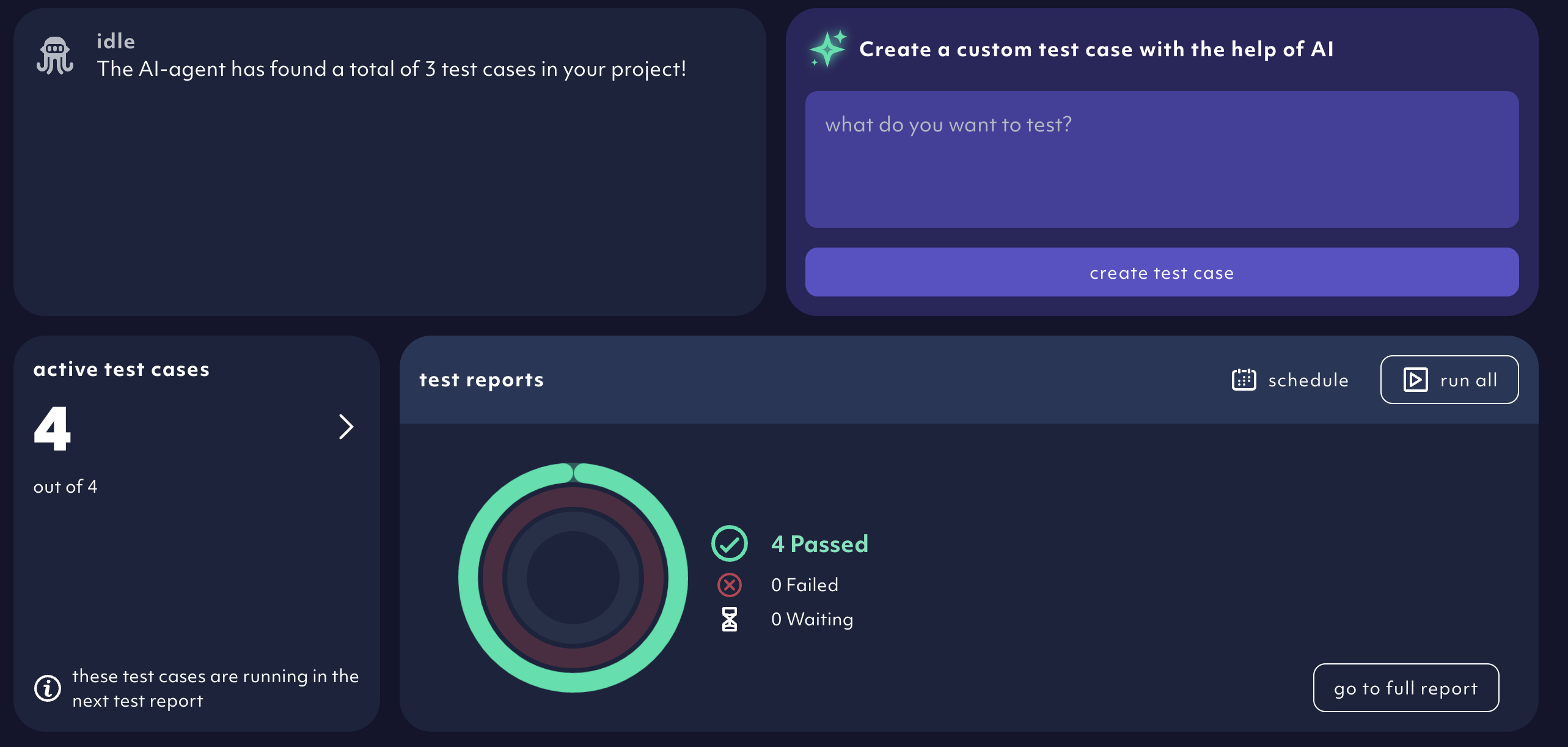 First time users project overview with test result detail