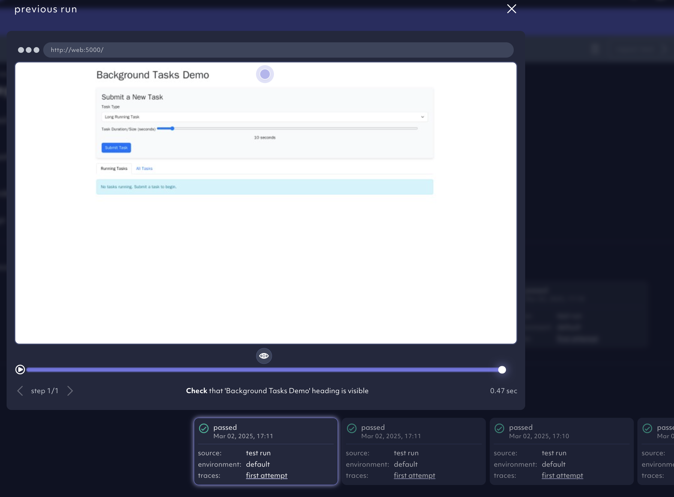 new test case overview with all runs visible in one place, screenshot