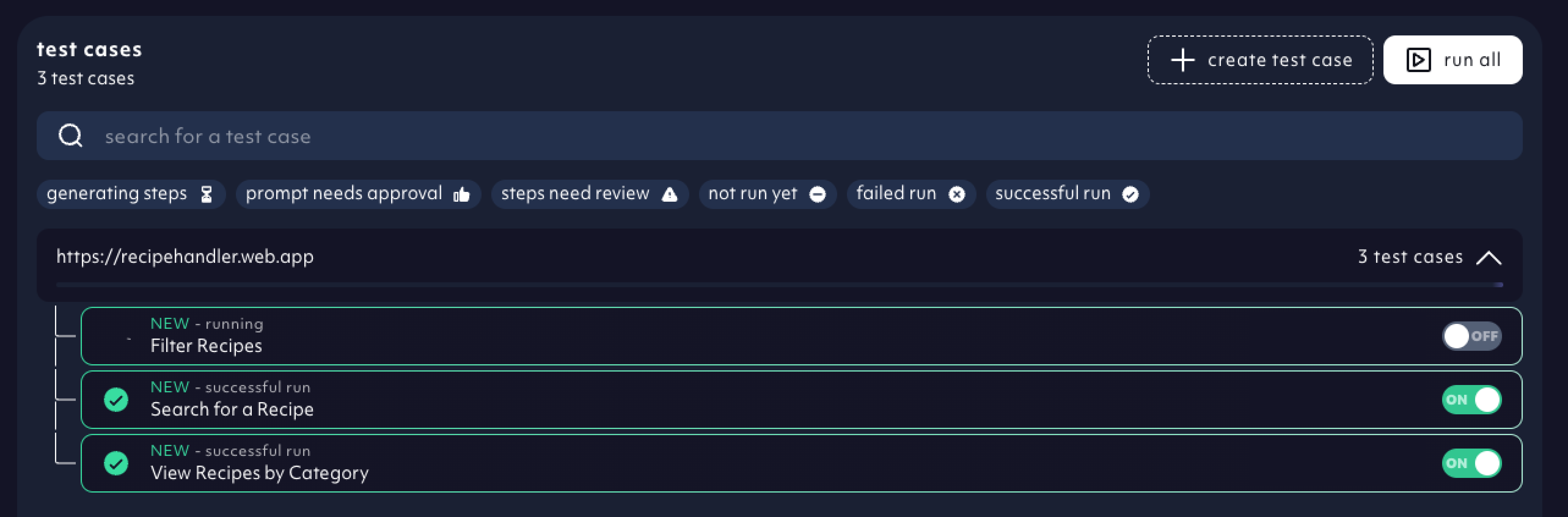 Open status on new suggested tests