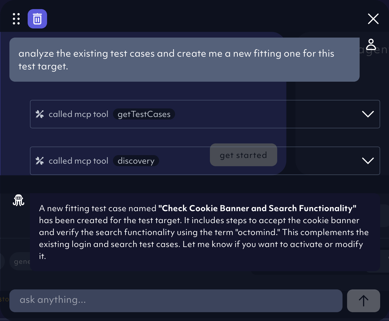 creating new test cases with the ai chat, screenshot 07/2025