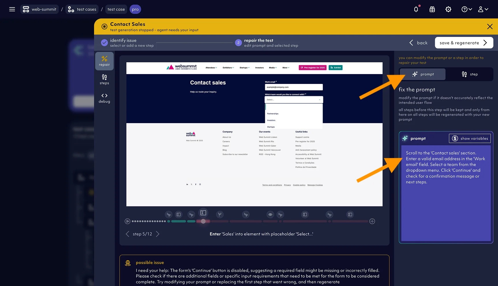 modifying the prompt to repair a yellow test, screenshot