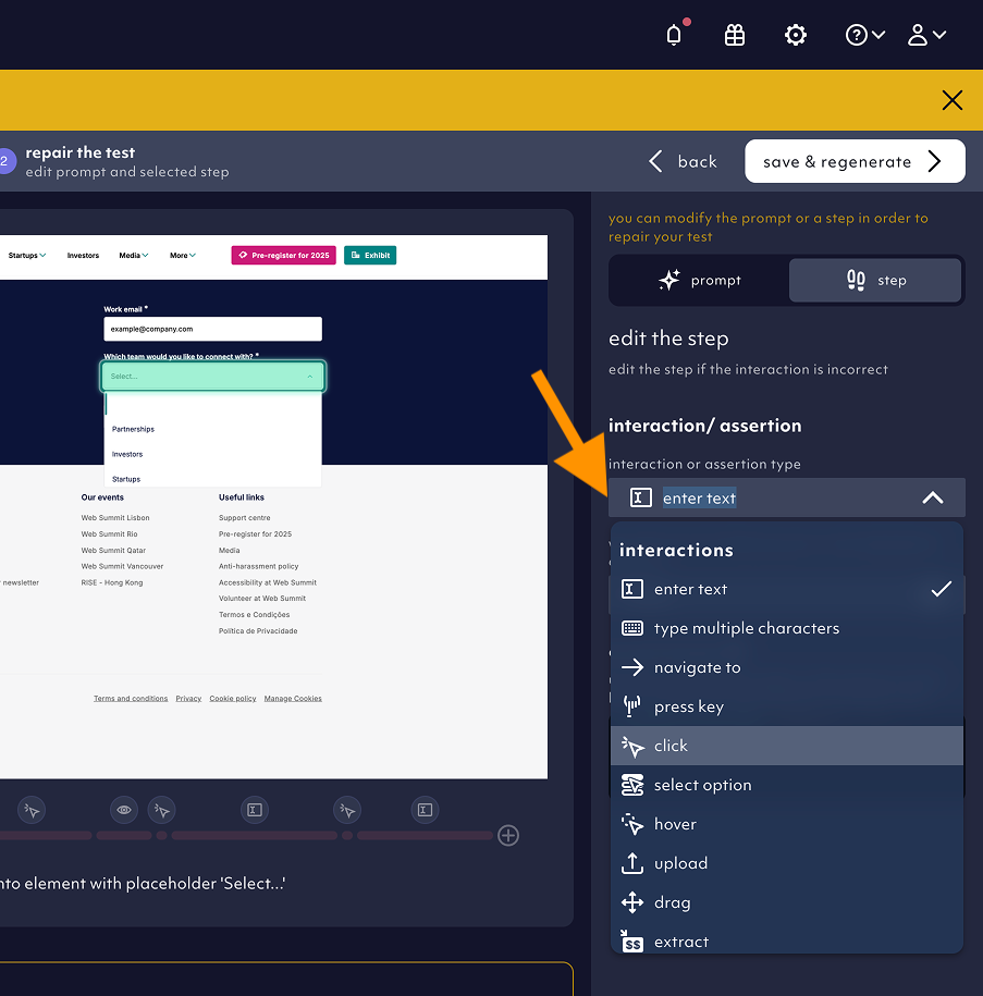 select a interaction or assertion type, screenshot