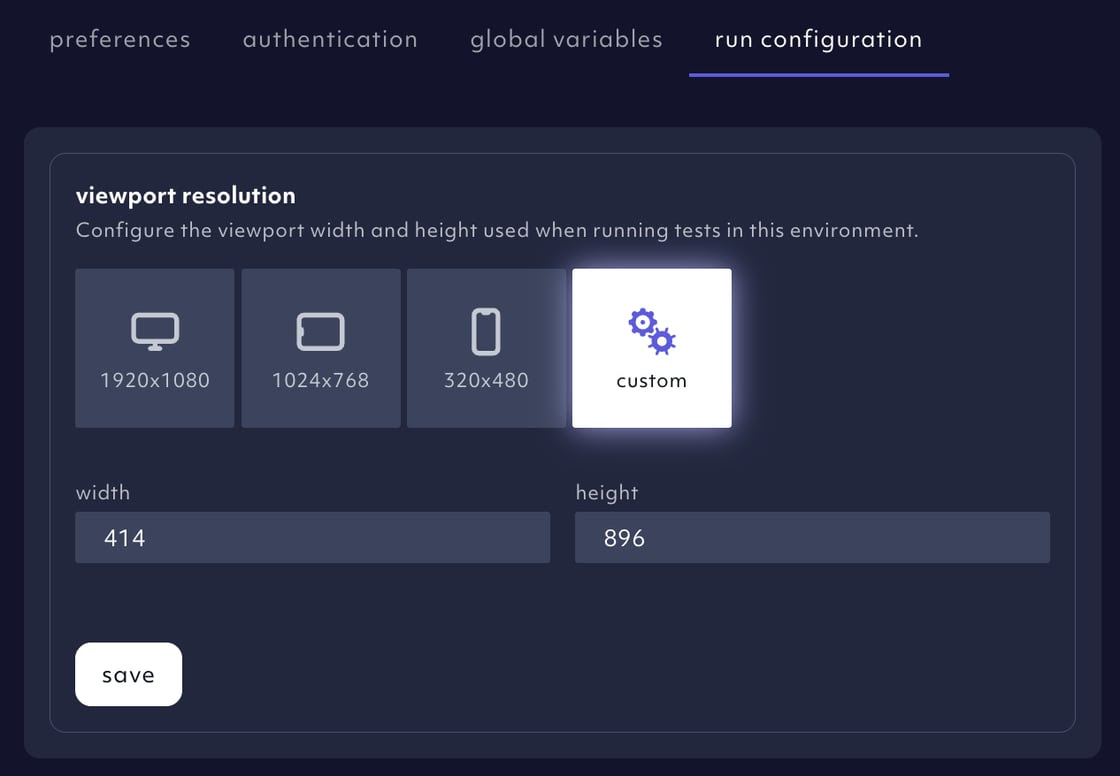 Viewport resolution settings with custom resolution option