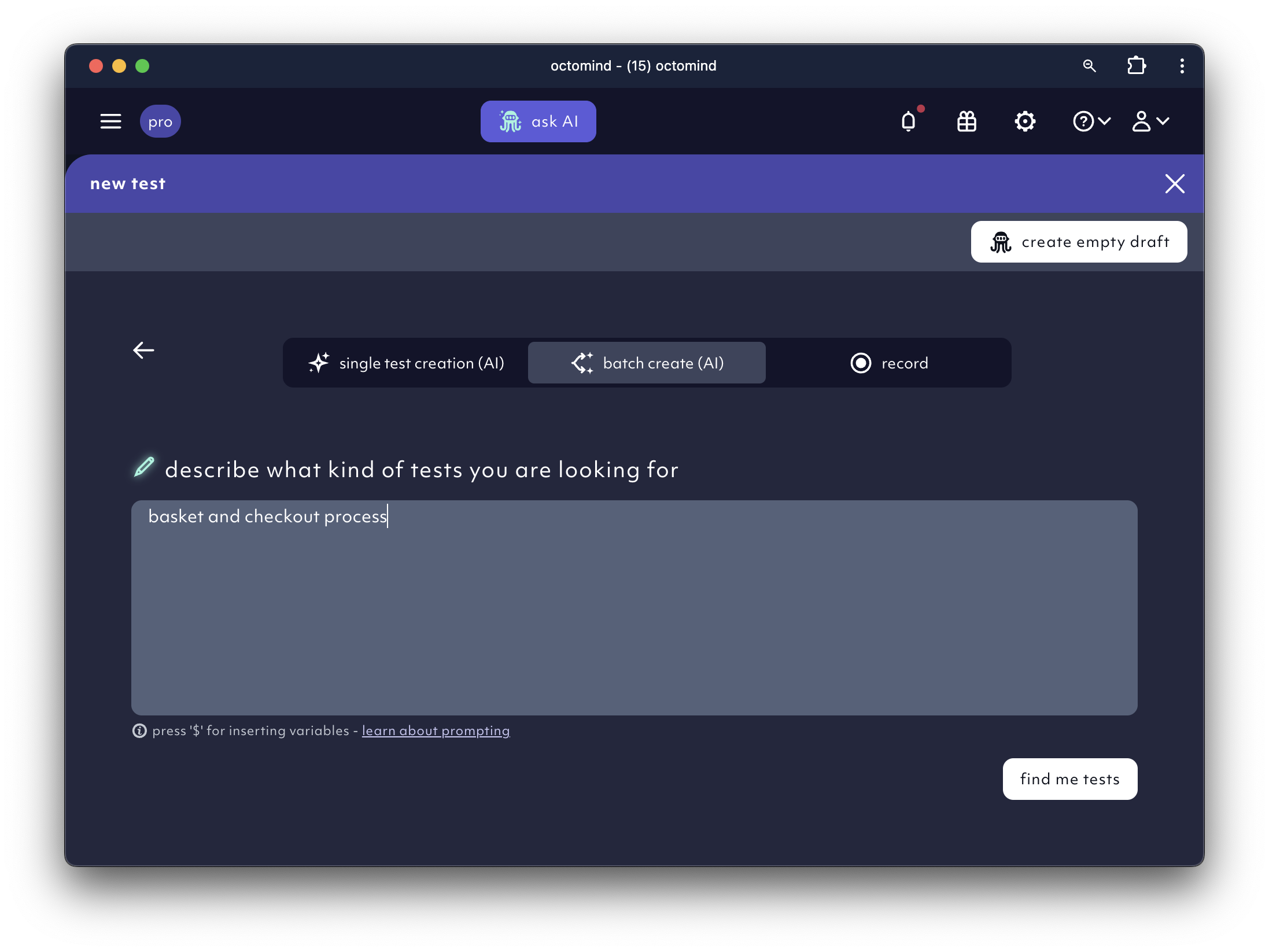 Example of a batch create instruction