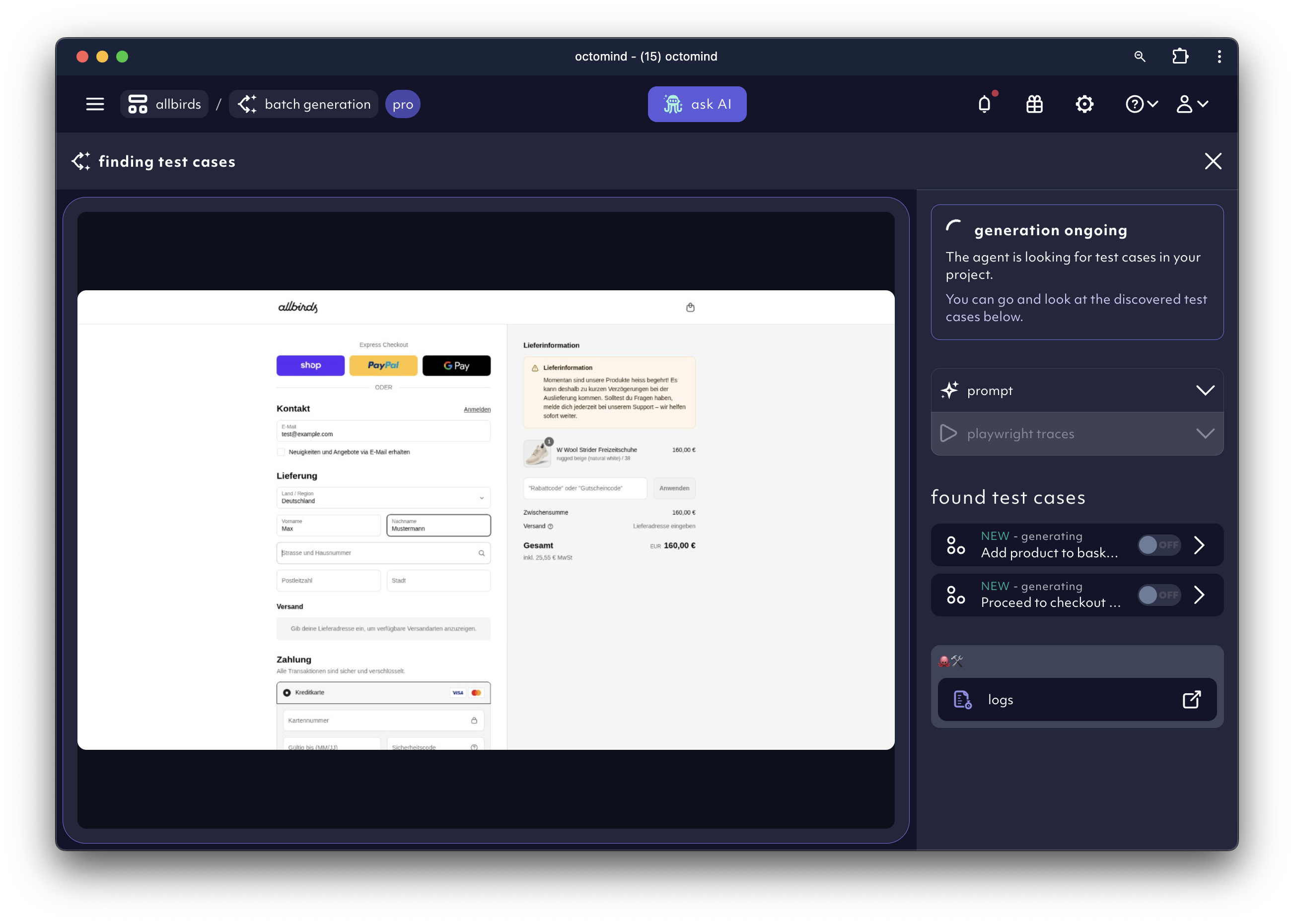 Agent generating a batch of tests as instructed