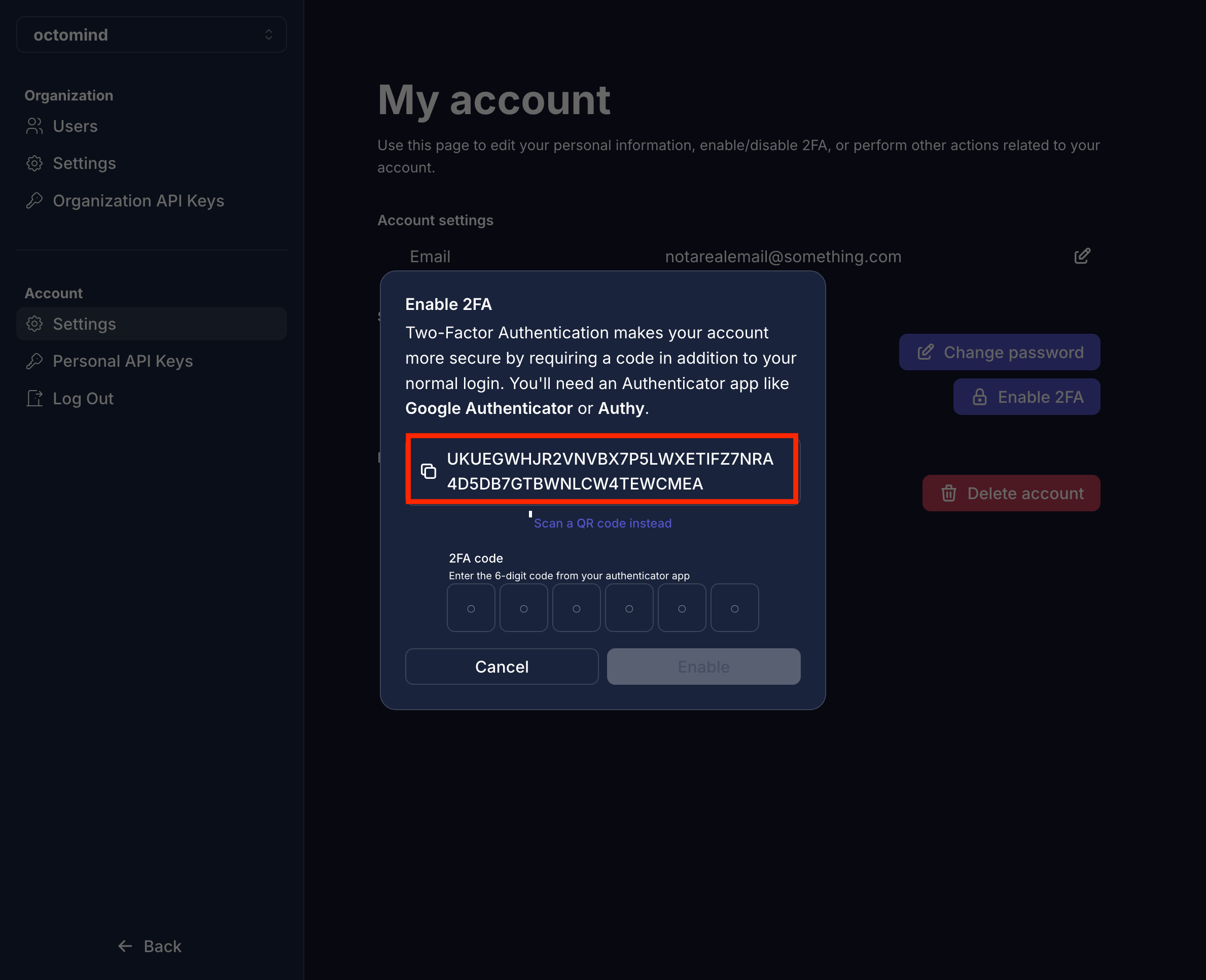 screenshot 2FA initialization key 10/2024