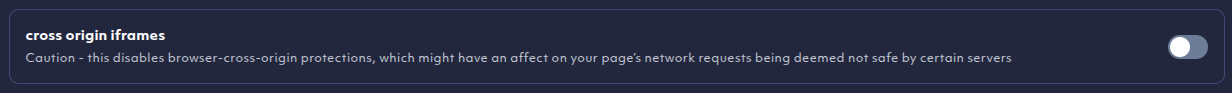 cross origin iframe configuration in the settings dialog