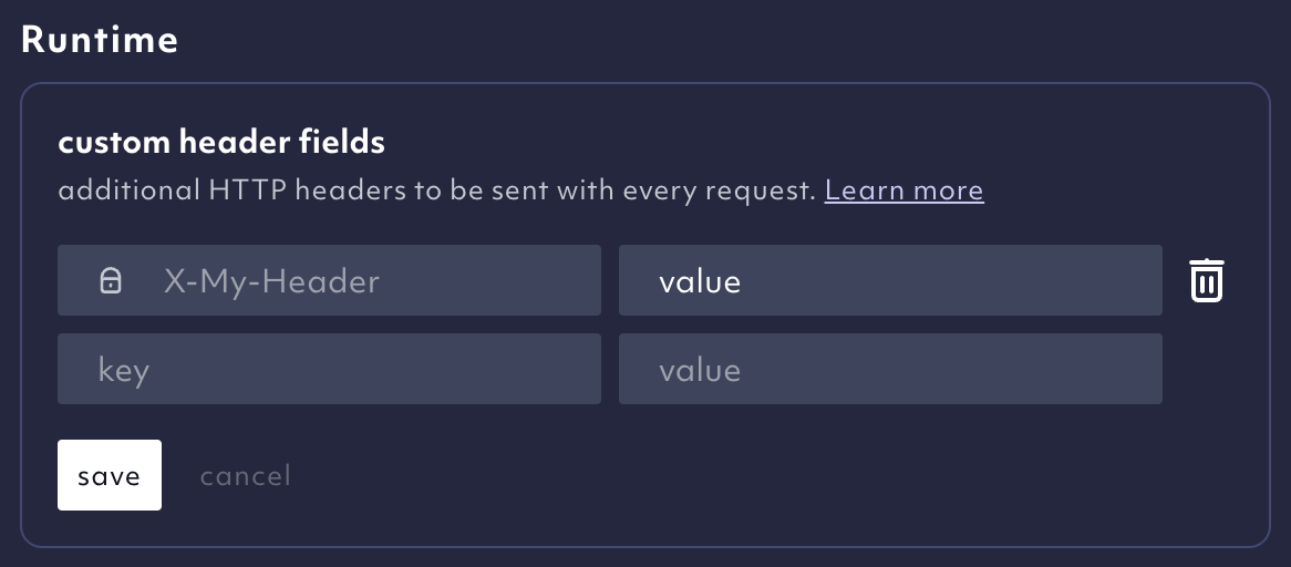 custom header configuration in the settings dialog