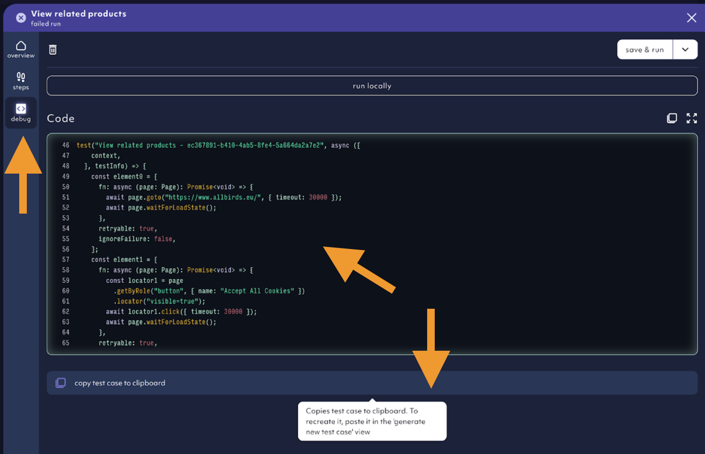Playwright test code in the Debug tab
