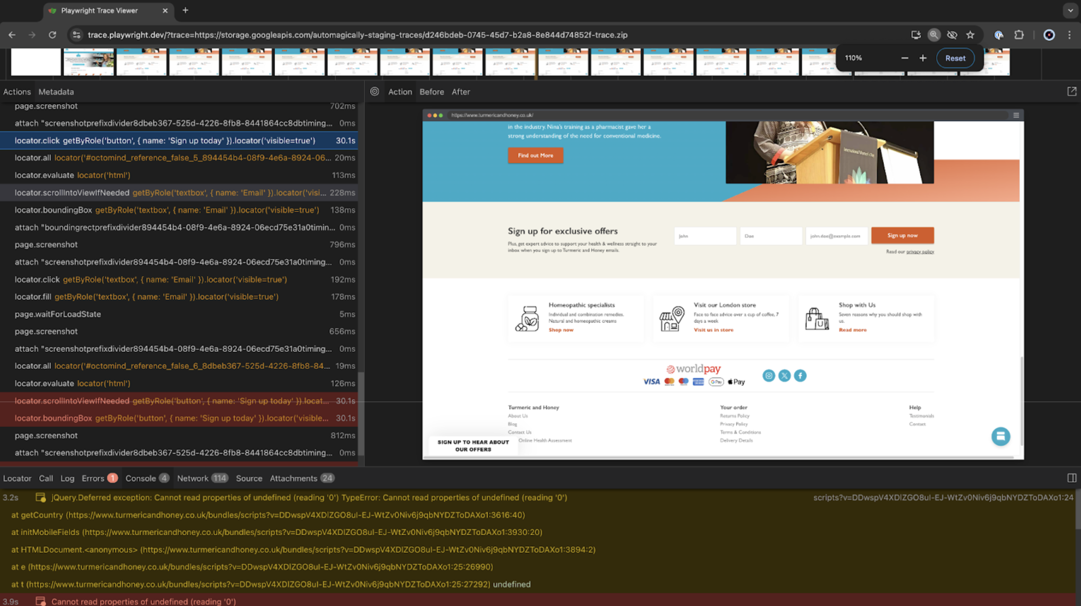 Screenshot of Playwright Trace Viewer with failed steps