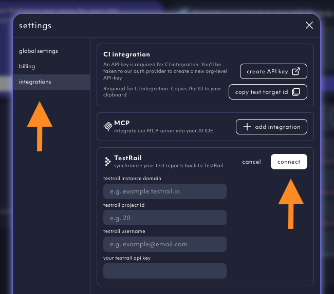 connect test management system in settings, screenshot