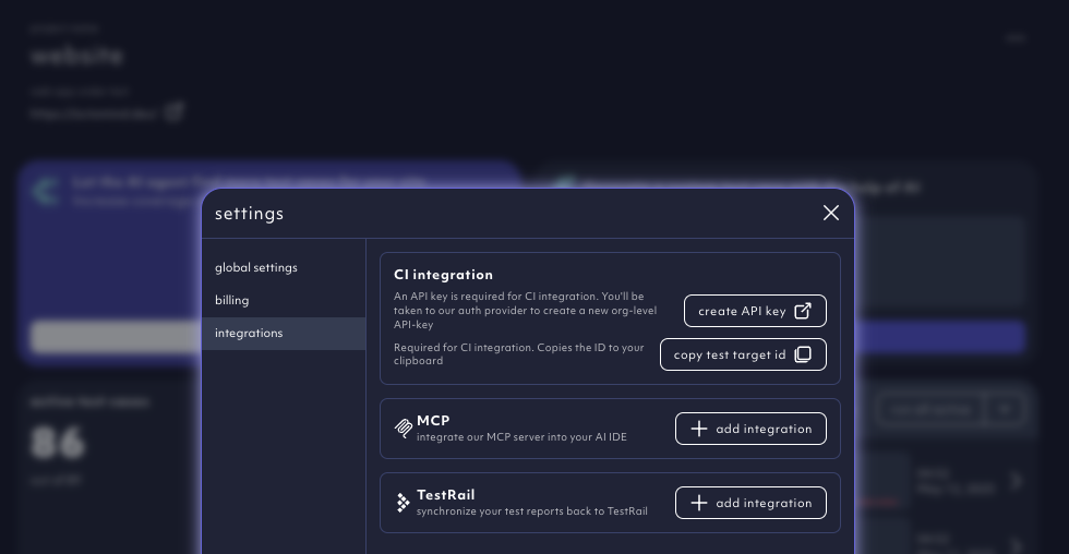 organization settings - integrations tab, screenshot