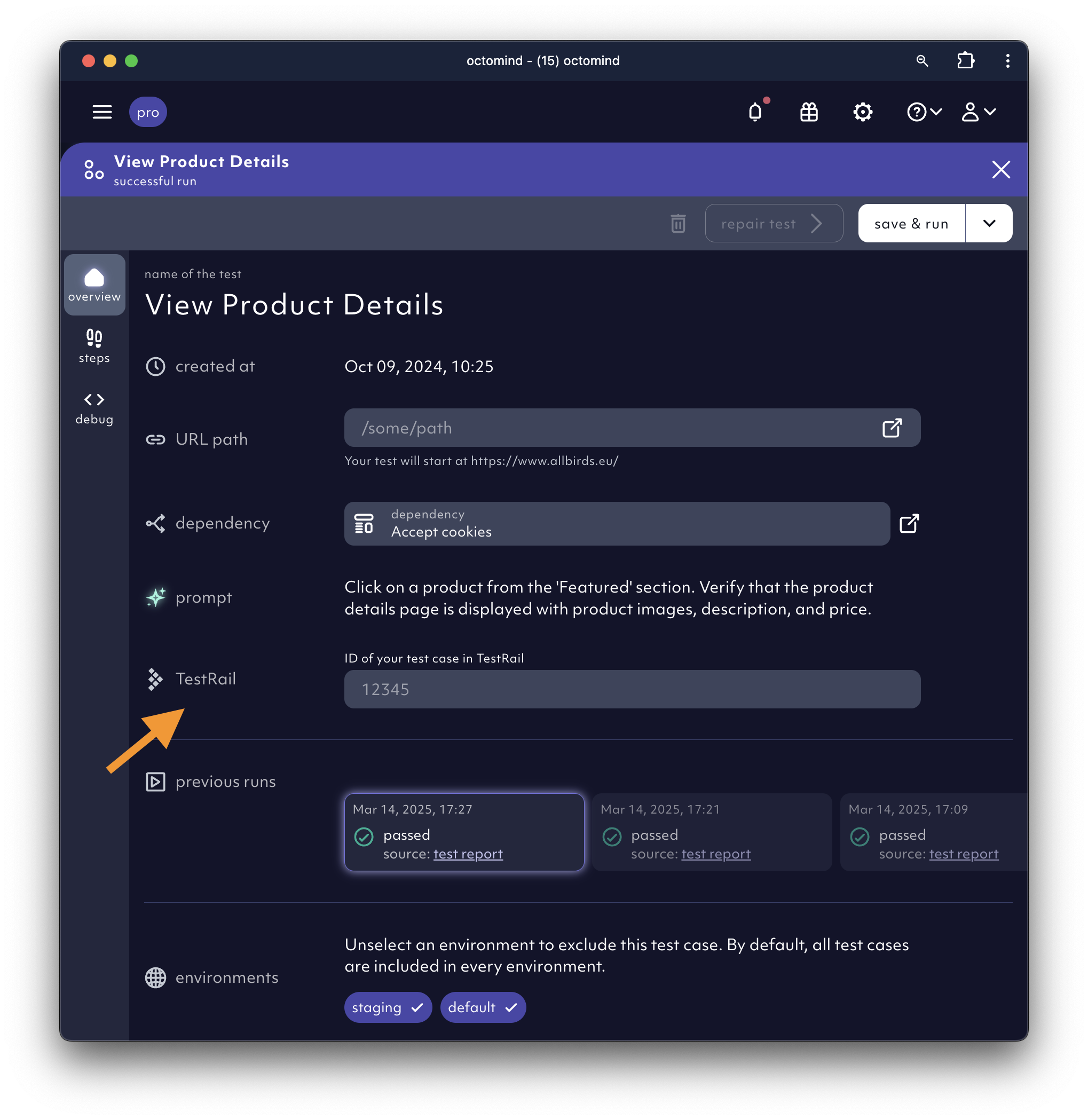 TestRail ID in test case detail, screenshot