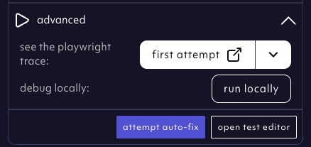 Advanced test debuggin options to open playwright trace recording and run the test locally