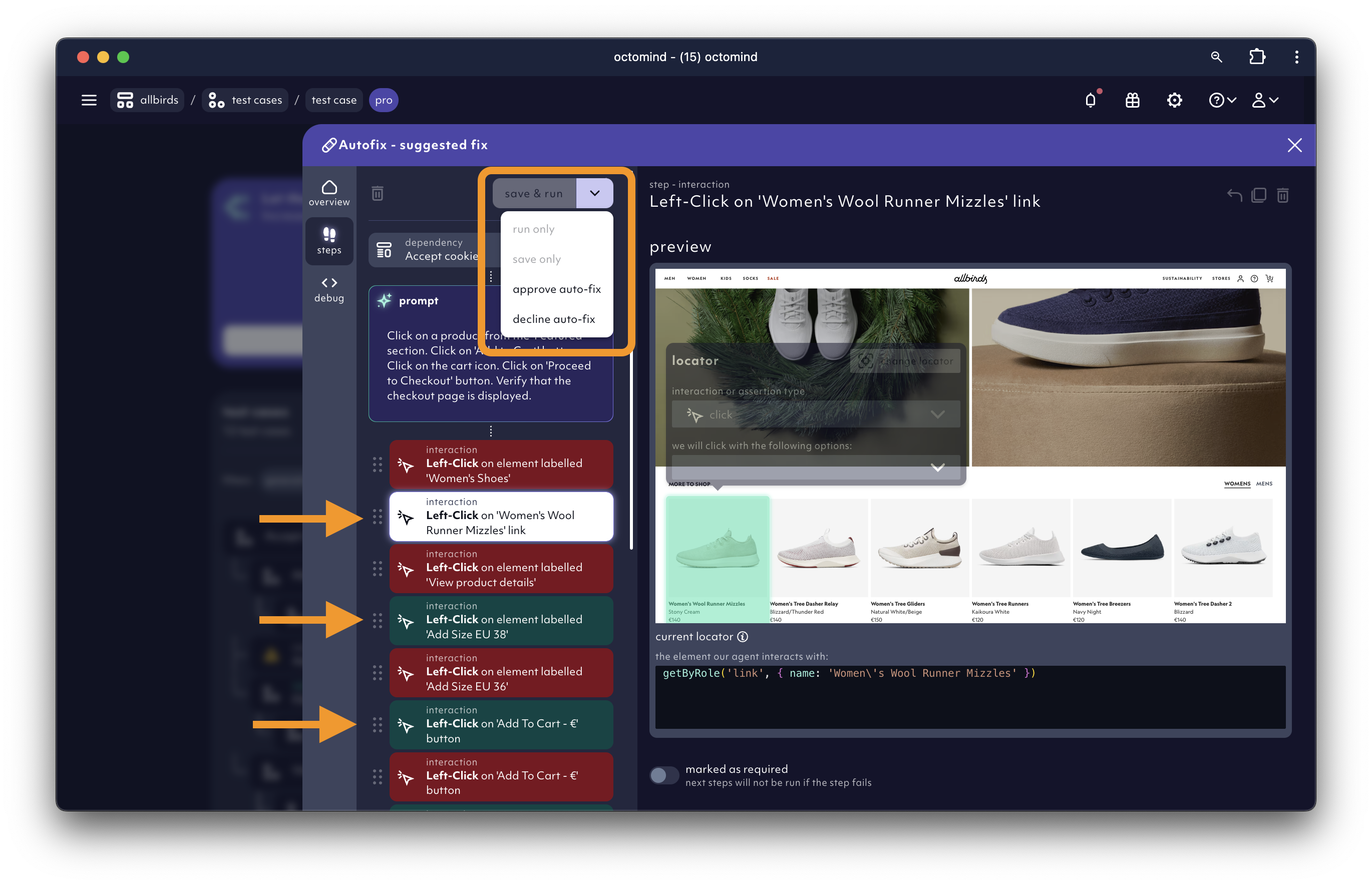 Review proposed test steps and approve the auto-fix