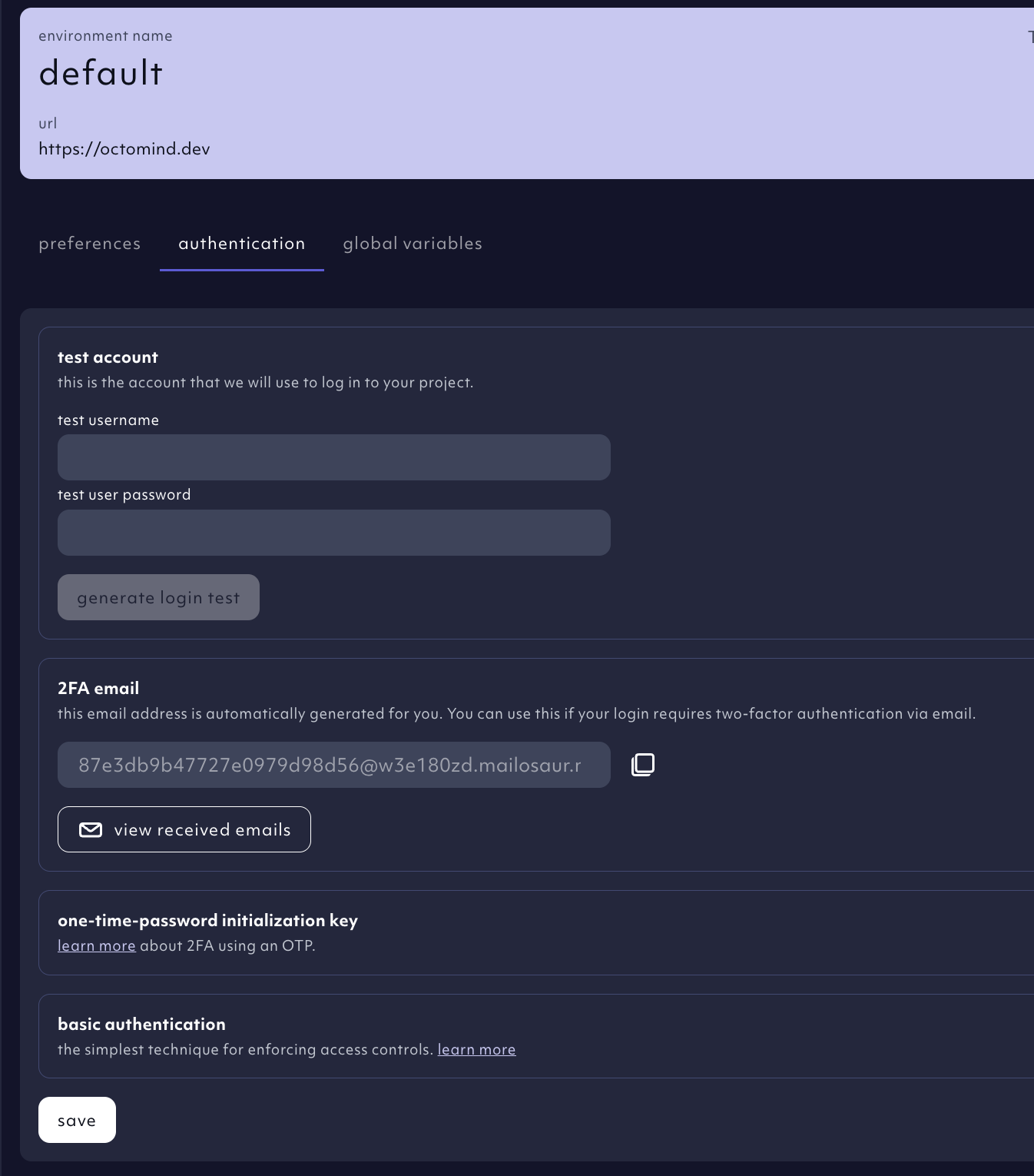 Authentication settings in test environments