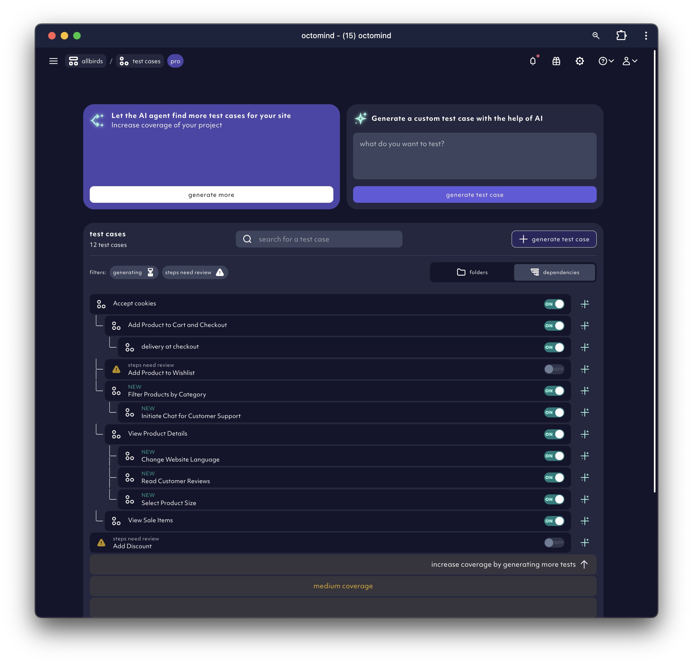 test cases page view in dependency view