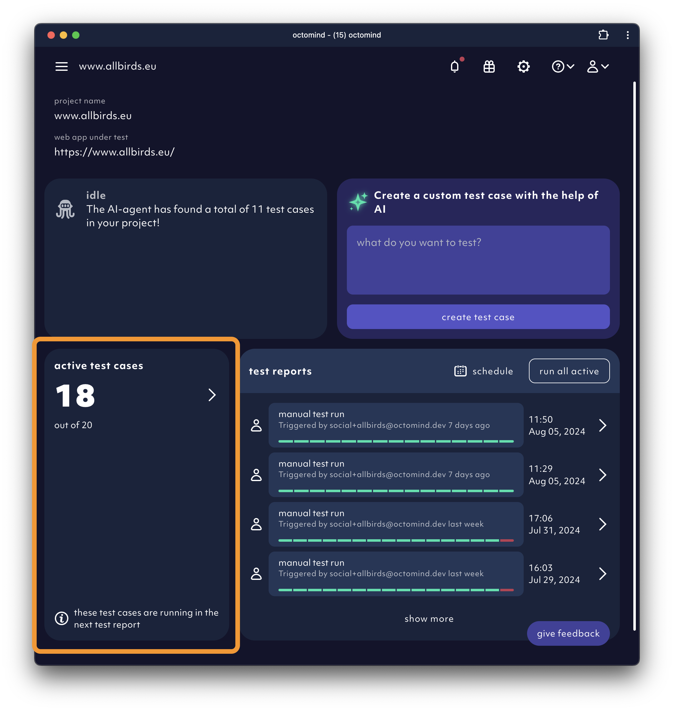 test cases section in project overview
