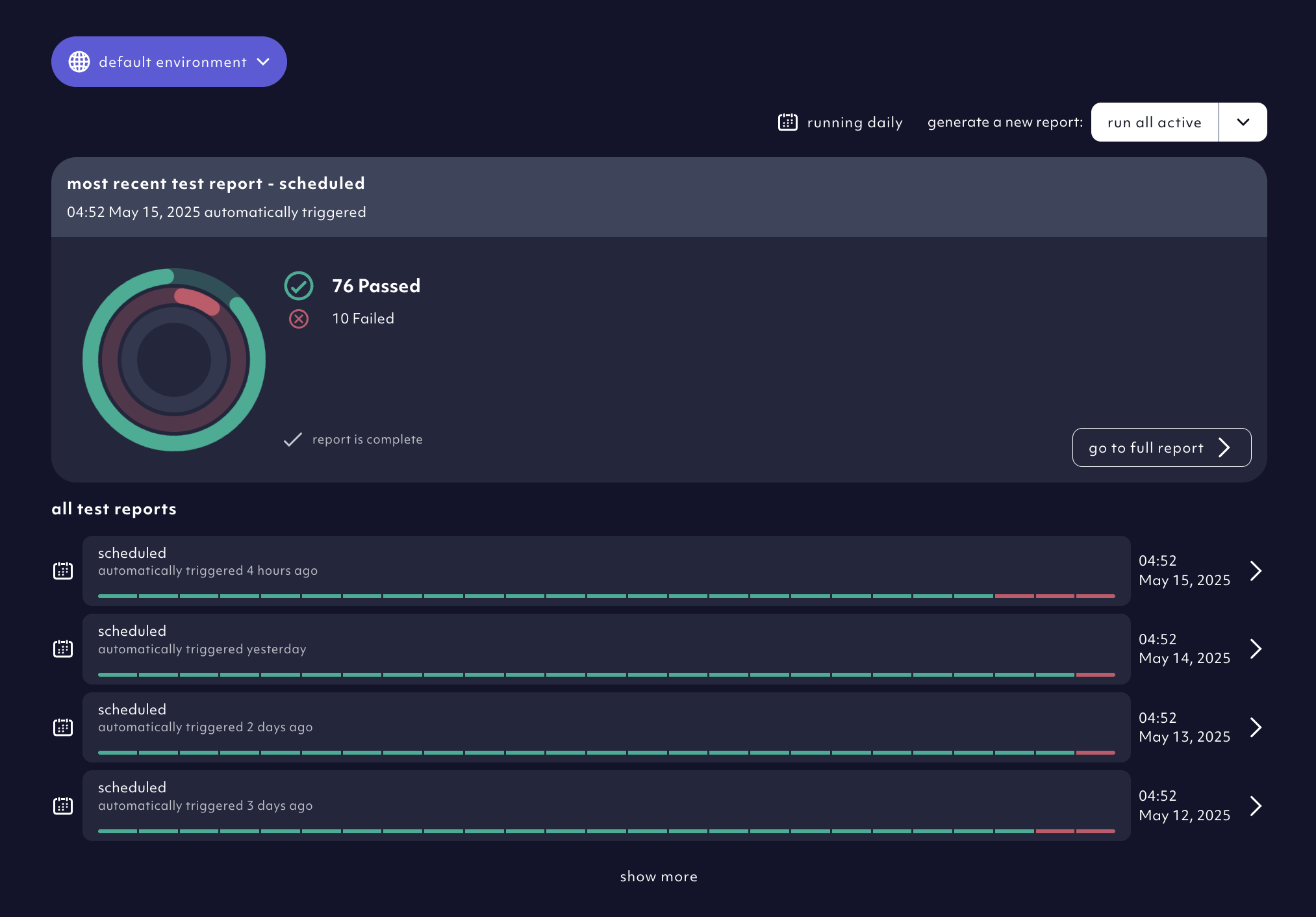 Test report page with test report list