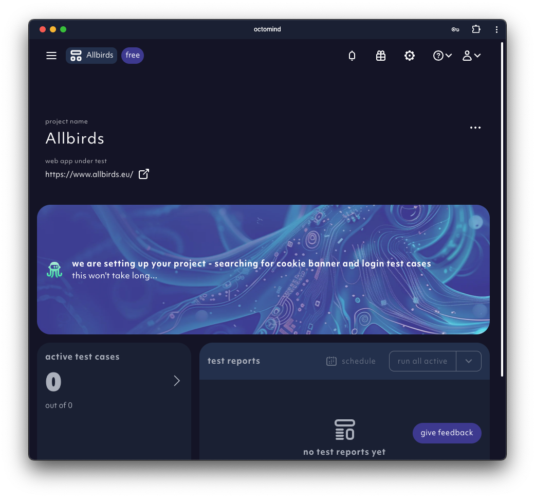 Opening the Octomind app on project overview for the first time