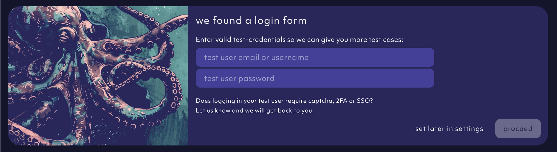AI agent asks for login test credentials, screenshot 07/2024