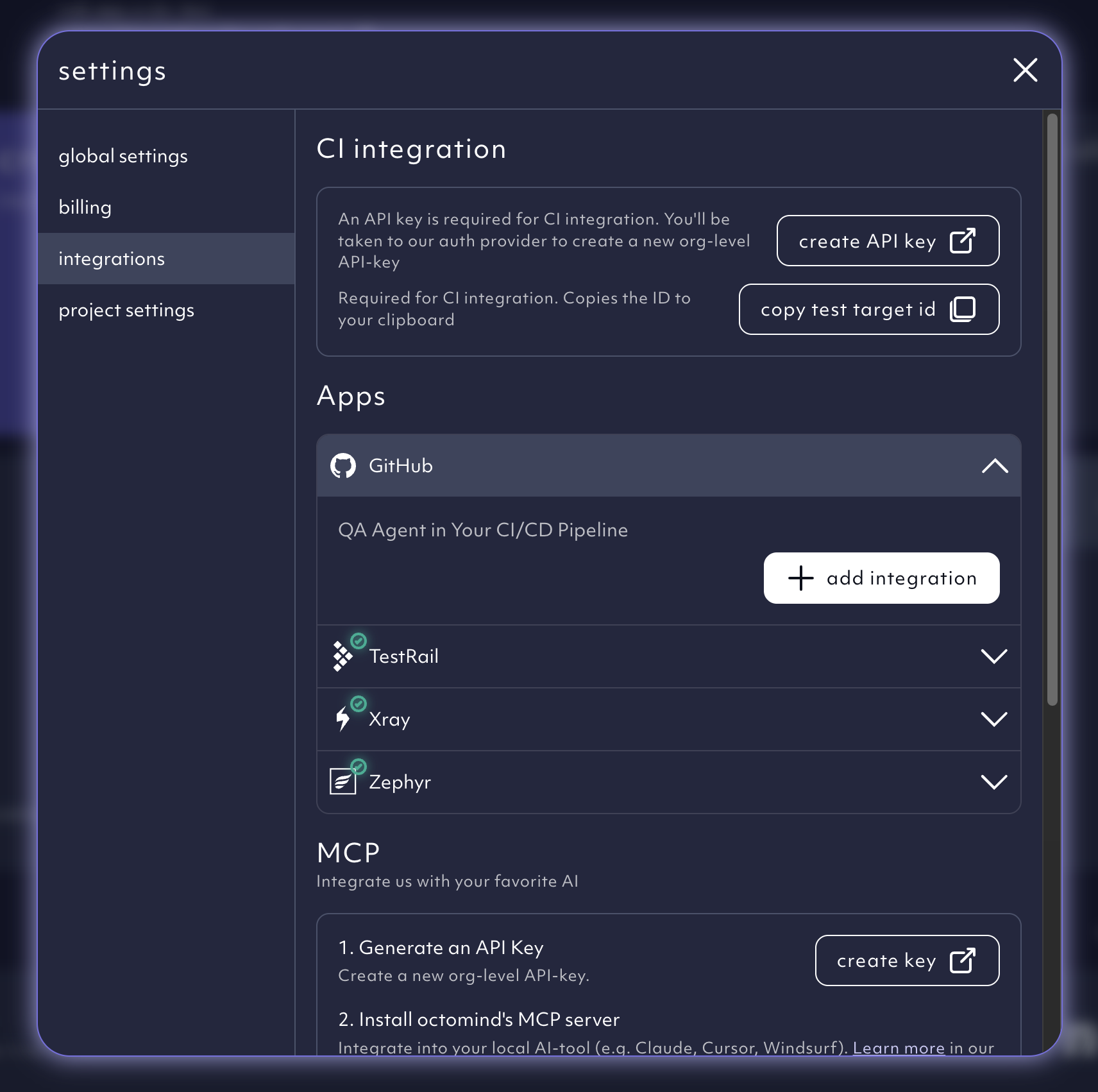 Settings modal showing CI integration and GitHub add integration button