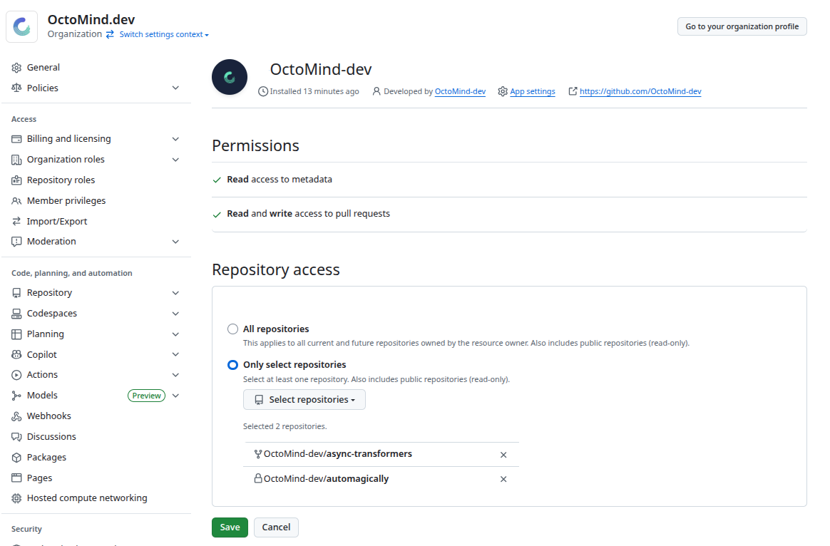 GitHub App permissions and repository selection