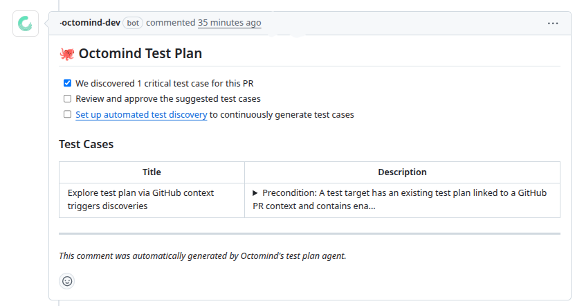 Example Test Plan comment on a pull request