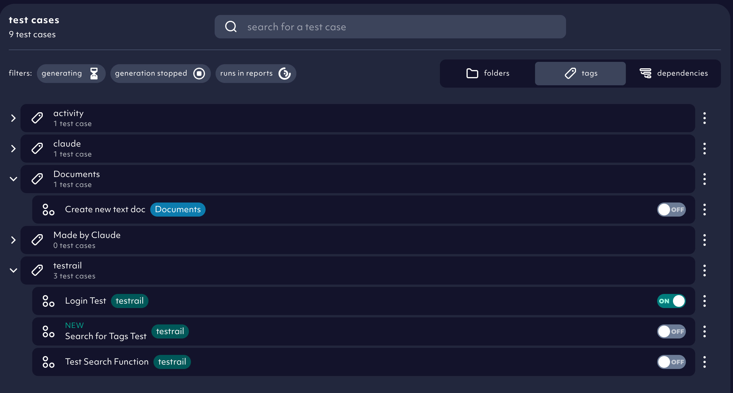 tag view with all tags and assigned test cases