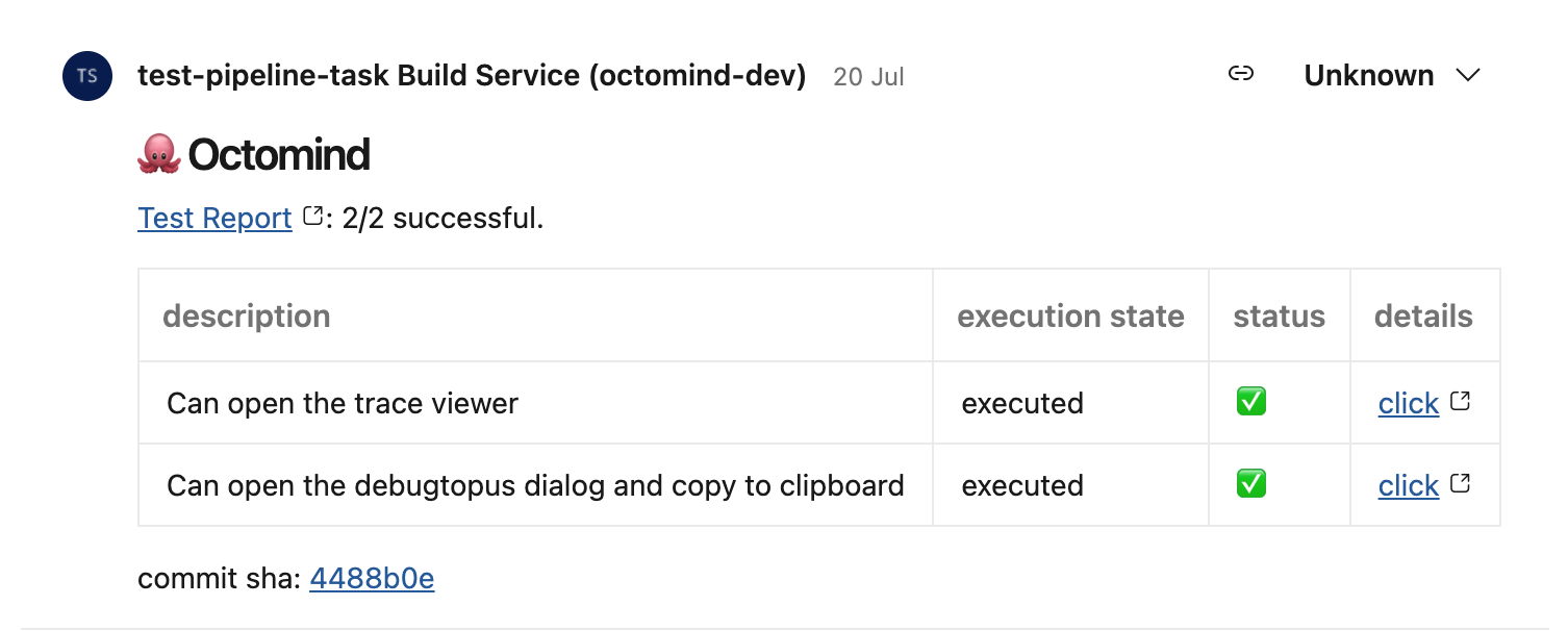 Example of Octomind test results in a pull request comment in Azure DevOps, screenshot 06/2023