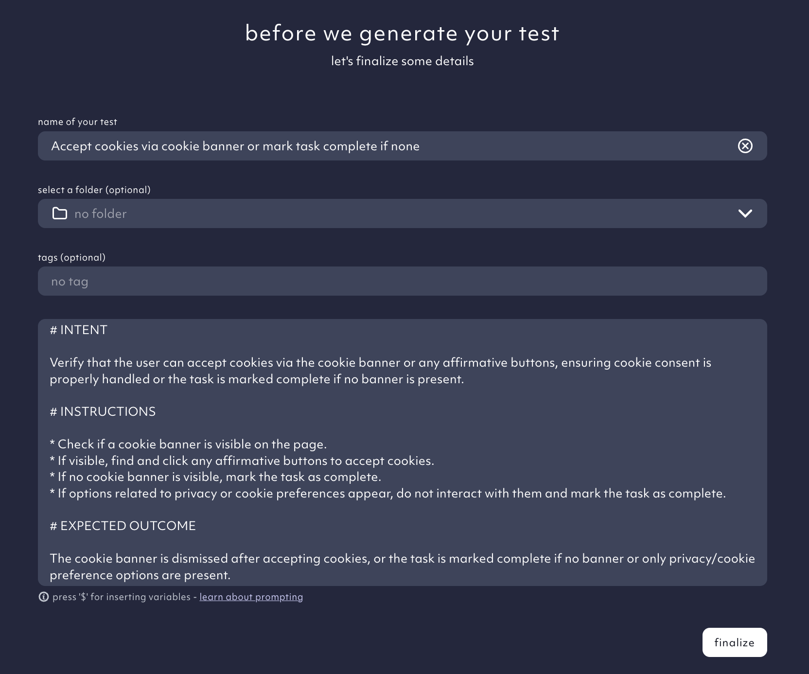 Finalize test case