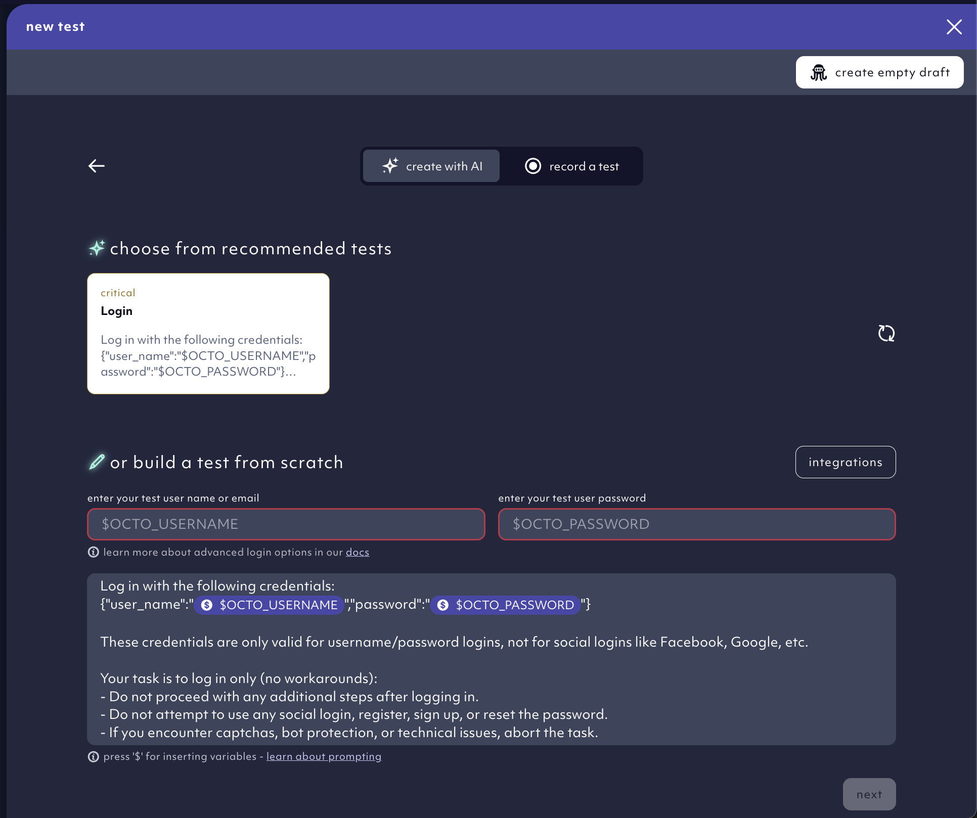 Required login test identified and recommended