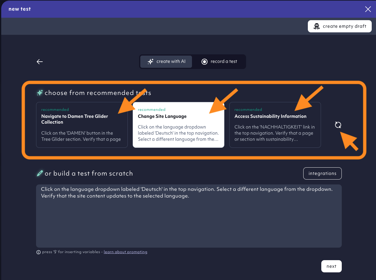 Recommended tests section when creating first tests