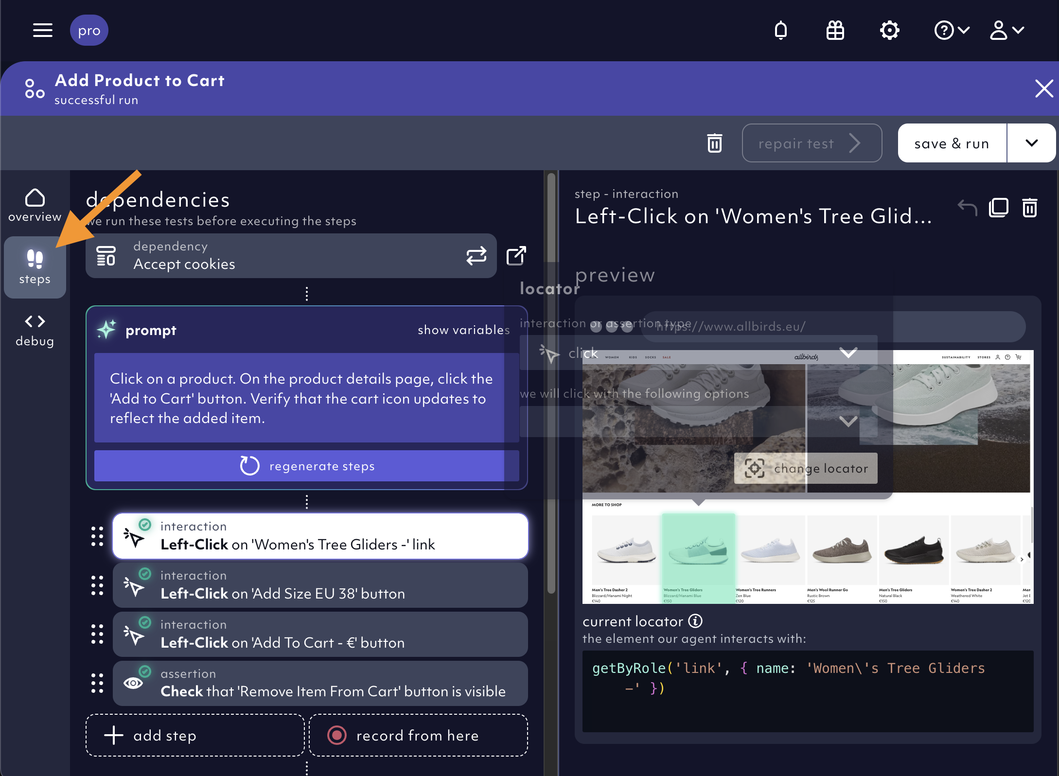 Edit the test steps in the 'steps' tab