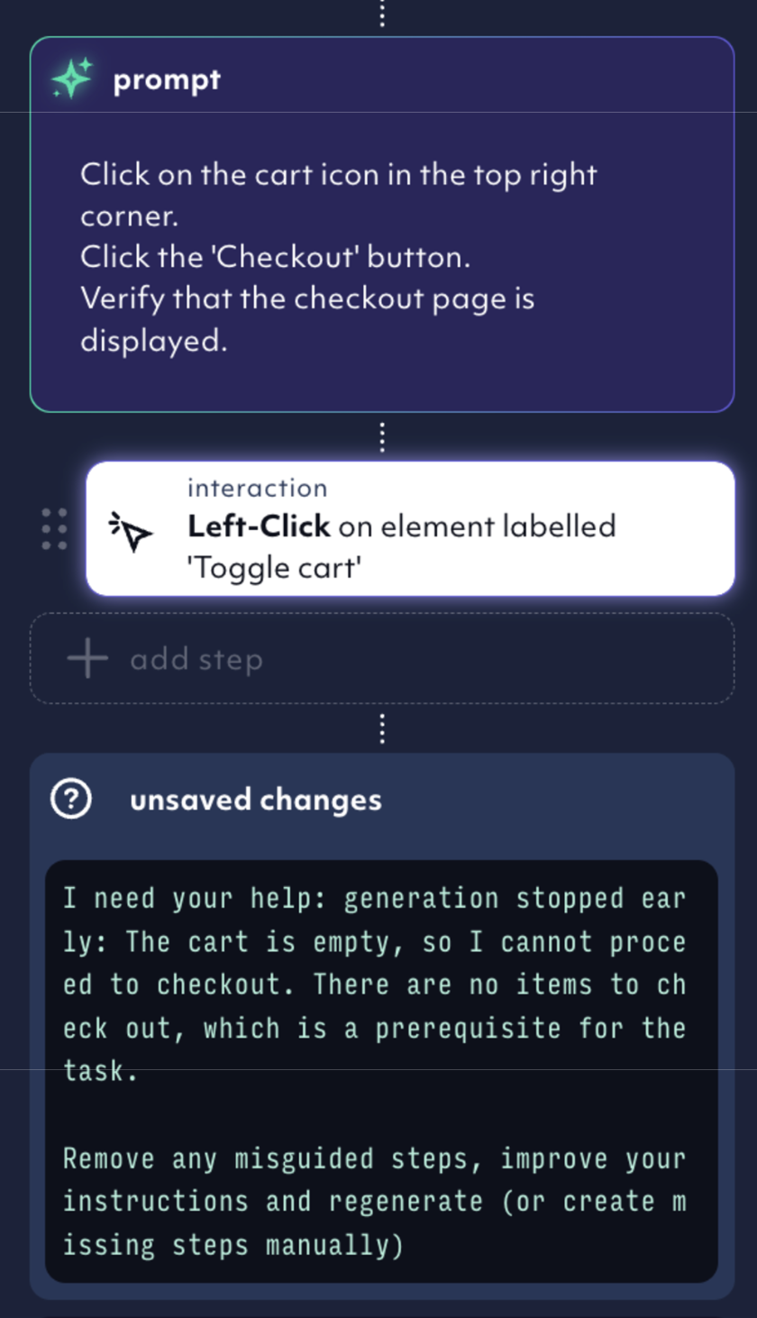 Agent explaining the reason for checkout test failure