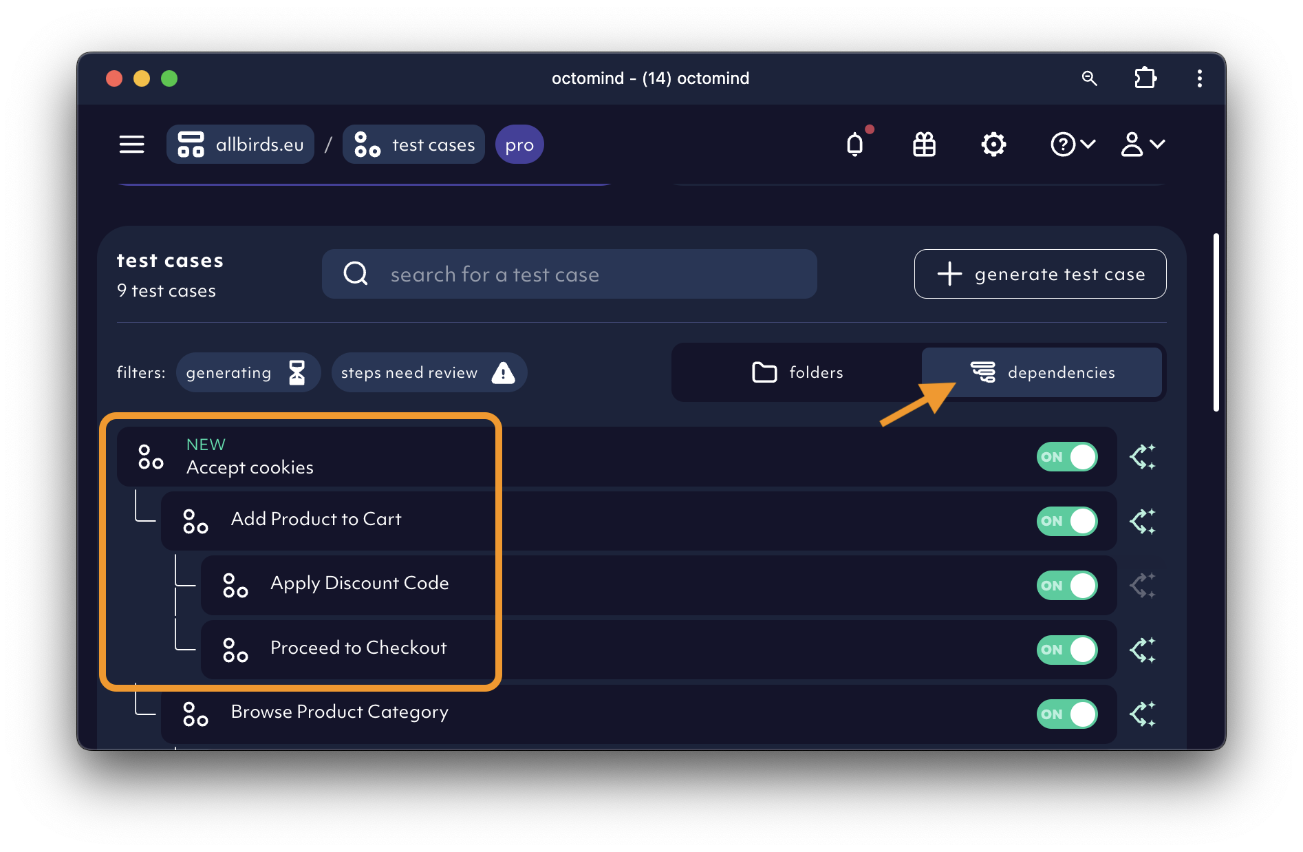 Checkout flow split into sequential tests in a dependency hierarchy
