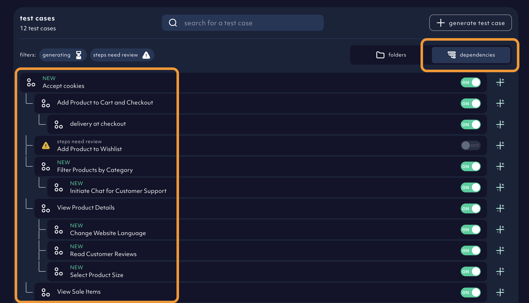 dependency view displaying the dependency tree of chain tests