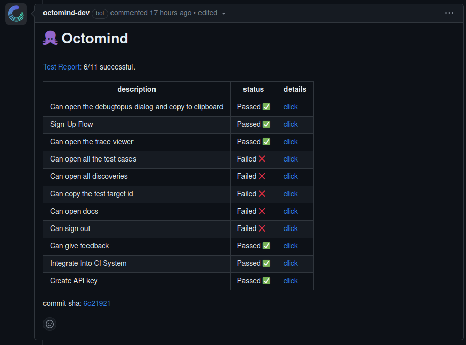 Example of Octomind test results in a github pull request comment