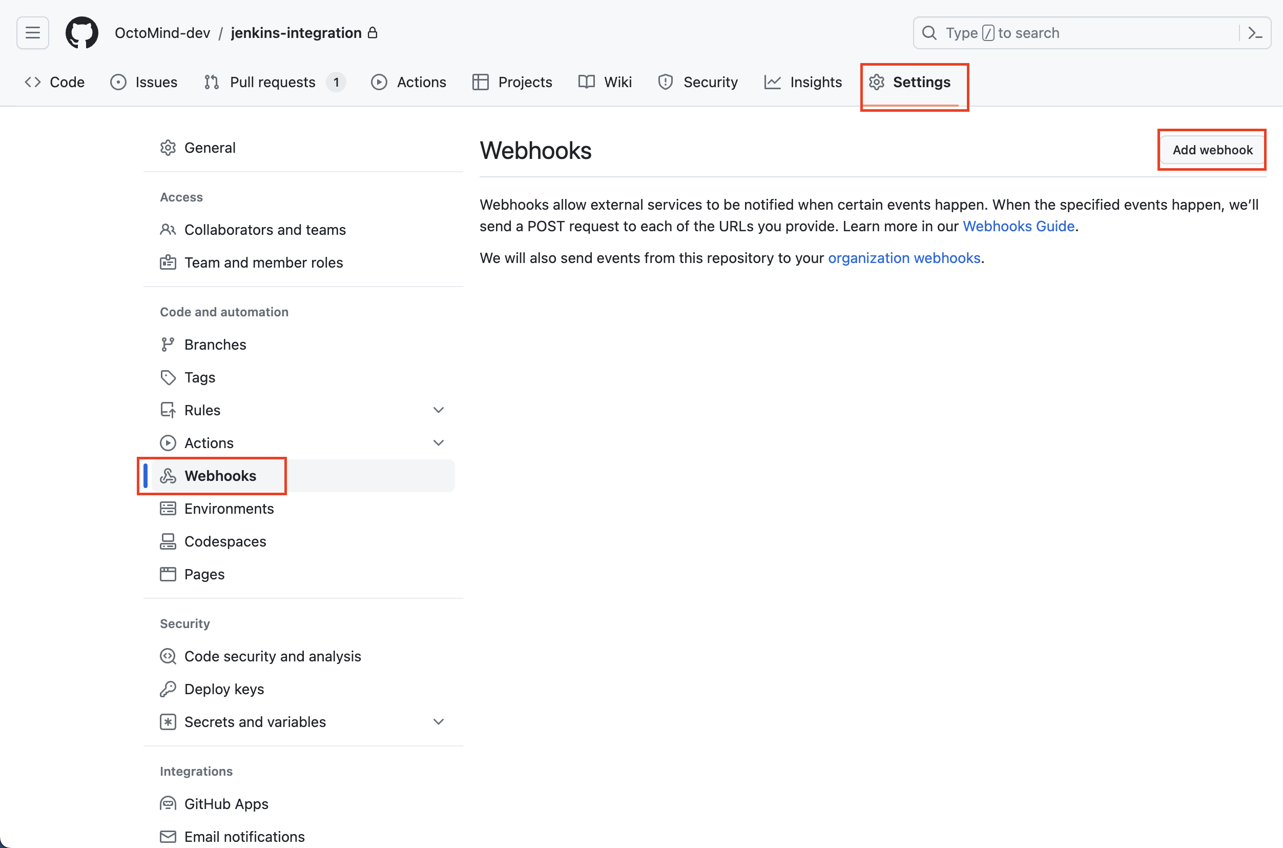 Adding webhook to repository