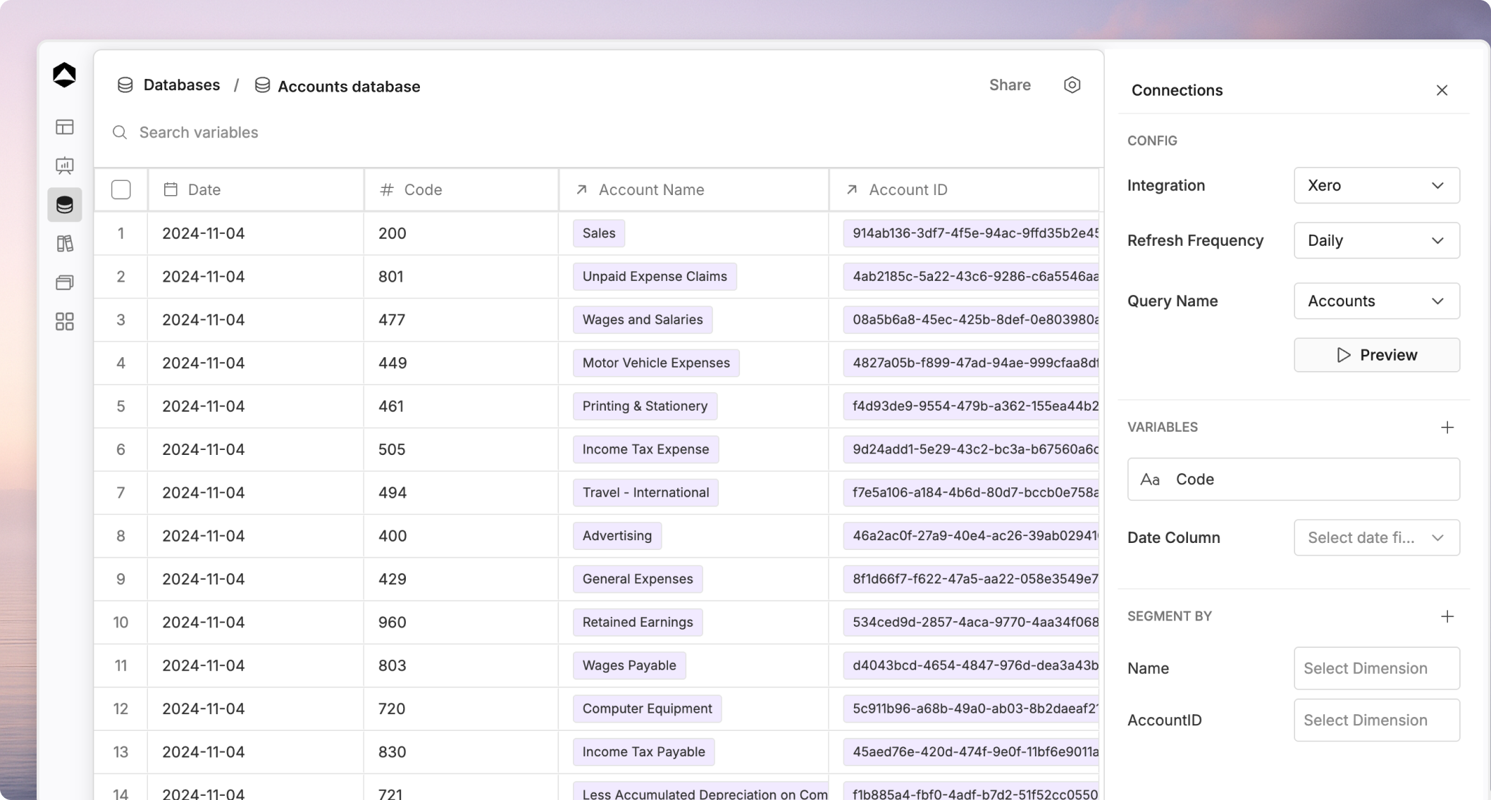 Database detail view in Oculon showing structured source records