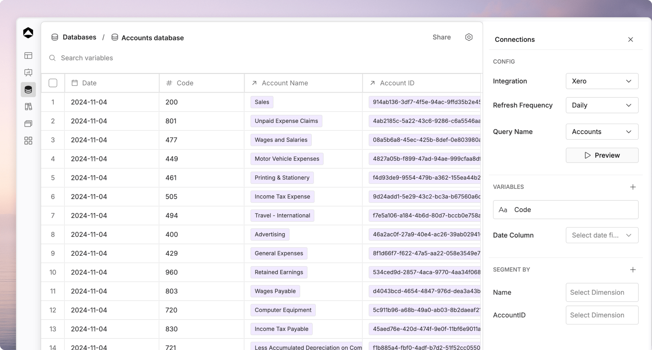 Database detail view in Oculon showing structured source records
