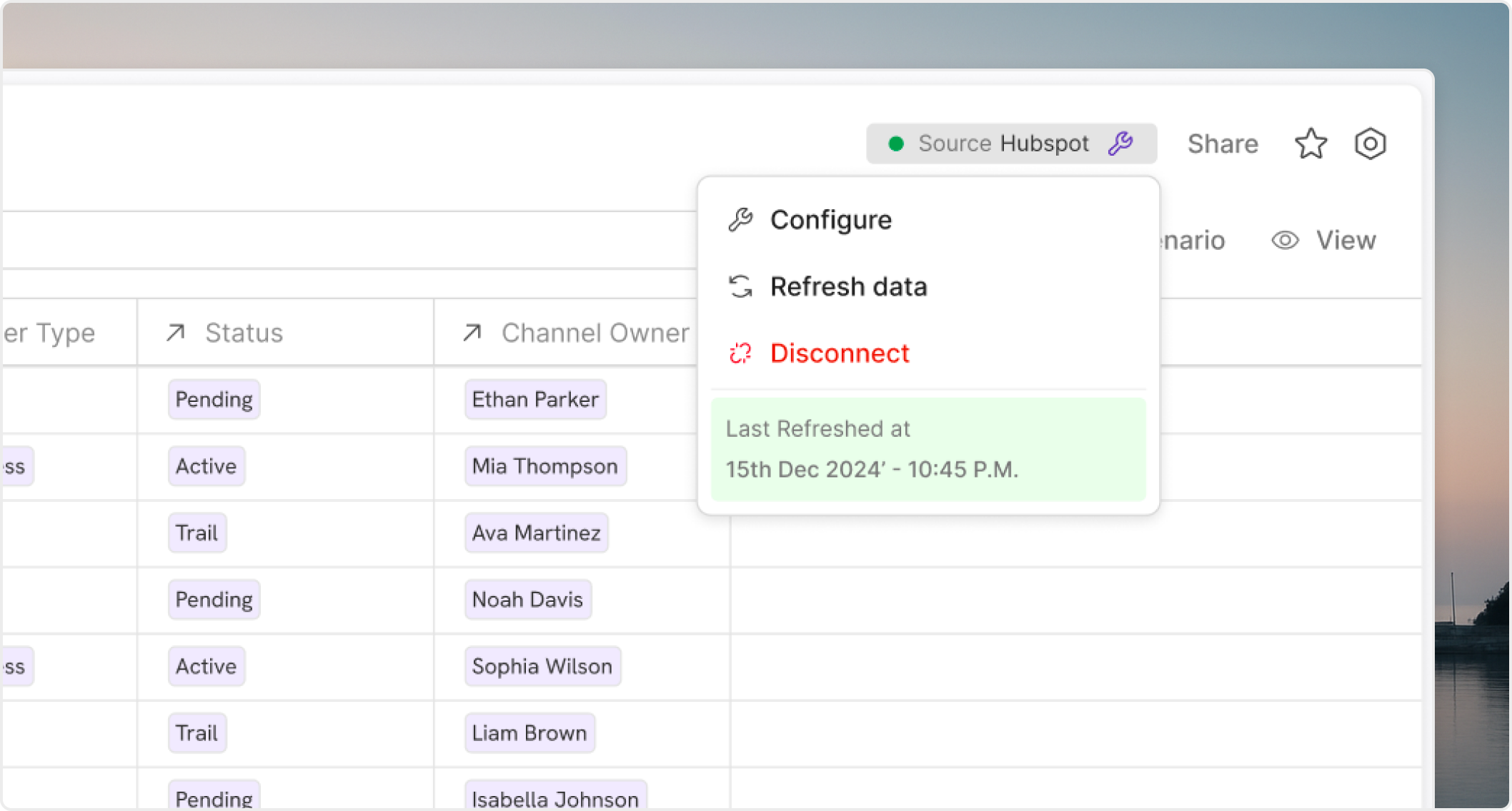 Connection status area in Oculon showing database refresh state and source status