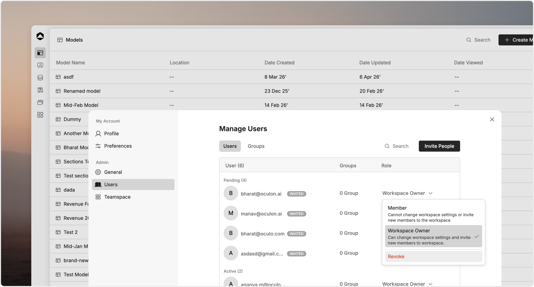 Permissions list showing different access recipients in Oculon