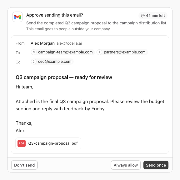 Email approval showing recipients, message, attachment, Don't send, Always allow, and Send once controls